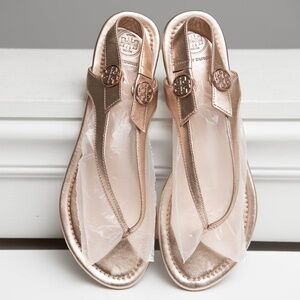 TORY BURCH Rose Gold Minnie Sandals Size 8.5 Heel Strap Thongs with Metal Logo